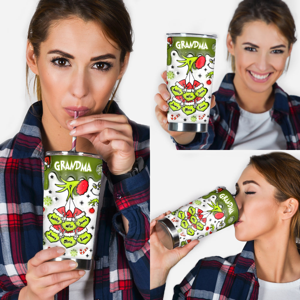 Personalized Christmas Tumbler with Green Snowflakes for Grandma Tumbler GradoCreations