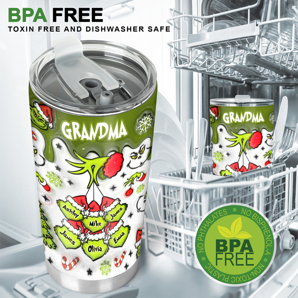 Personalized Christmas Tumbler with Green Snowflakes for Grandma Tumbler GradoCreations