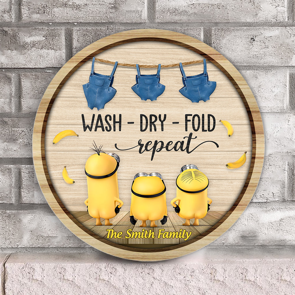 Personalized Round Wood Sign Wash Dry Fold Design Gift for Family Round Wood Sign GradoCreations