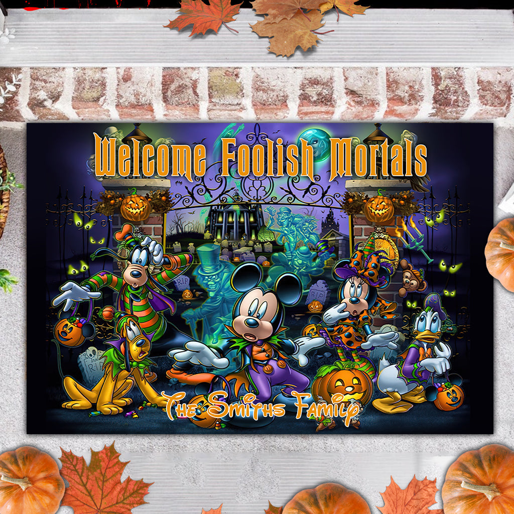 Personalized Welcome Foolish Mortals Doormat for Halloween Housewarming Doormat GradoCreations