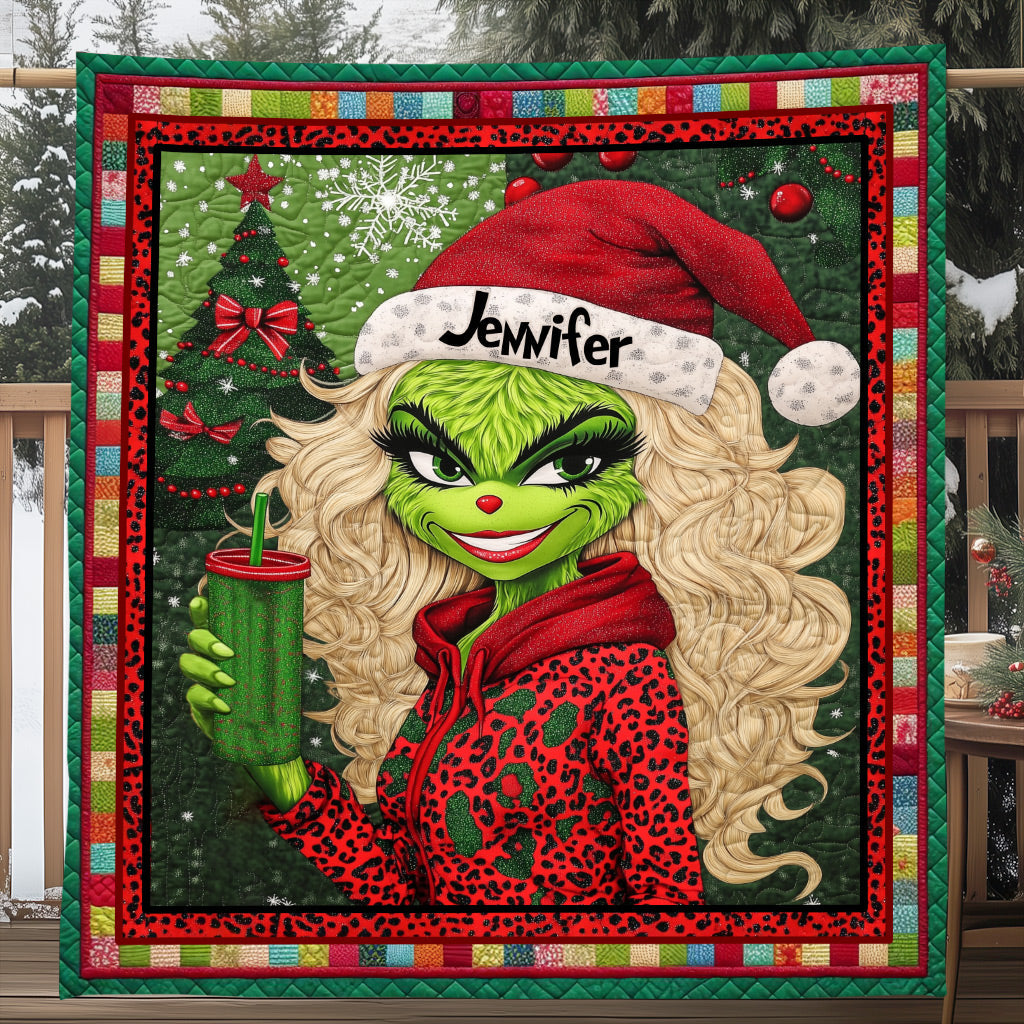 Personalized Christmas Quilt with Green Lady Design for Unique Gifts Quilt GradoCreations