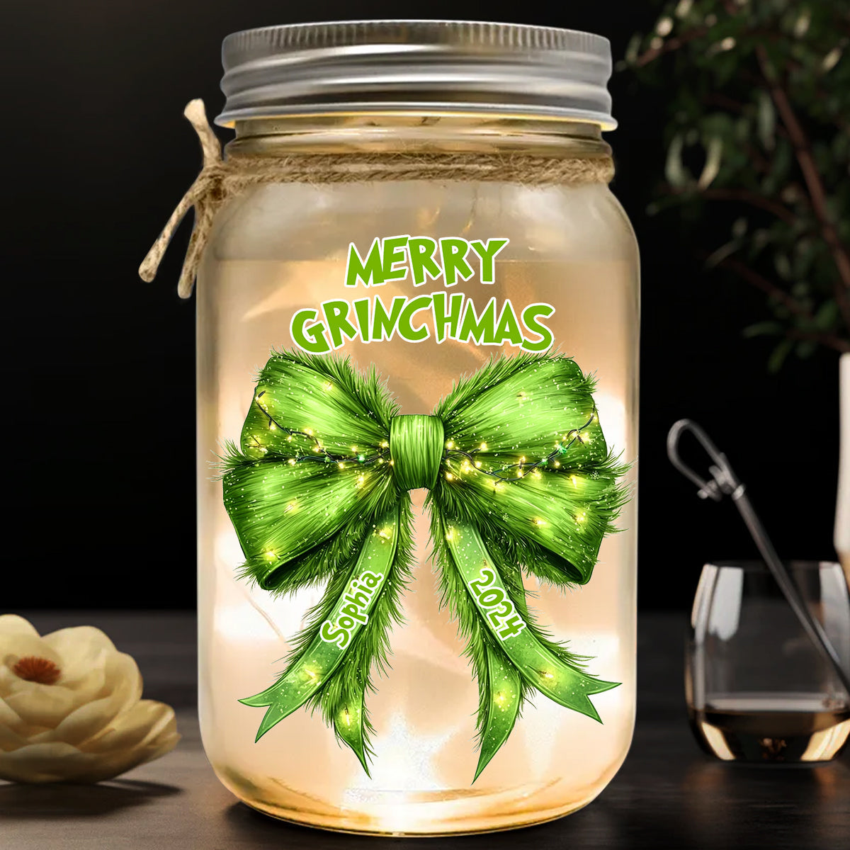 Personalized Grinchy Mason Jar Light Christmas Decor Gift Mason Jar Light GradoCreations