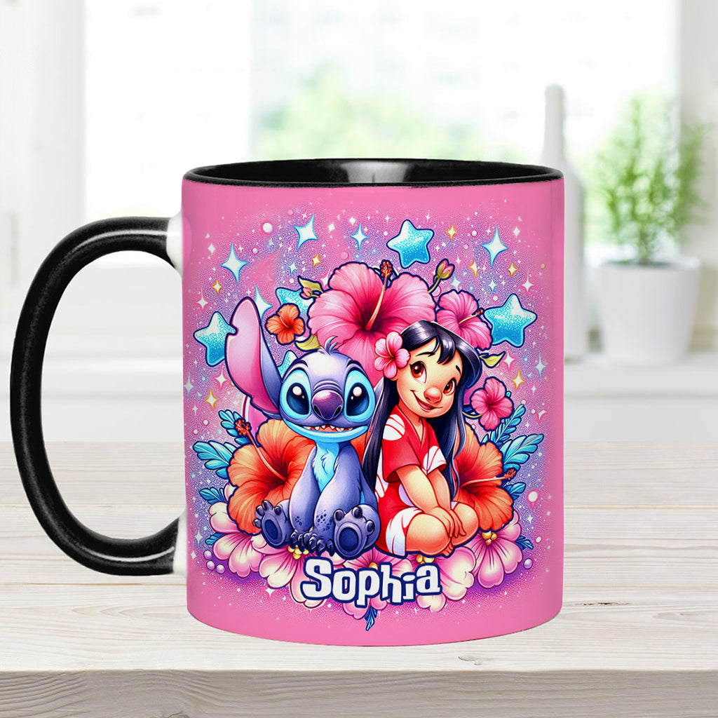 Personalized Pink Accent Mug with Ohana Bubble Flowers Design Accent Mug GradoCreations