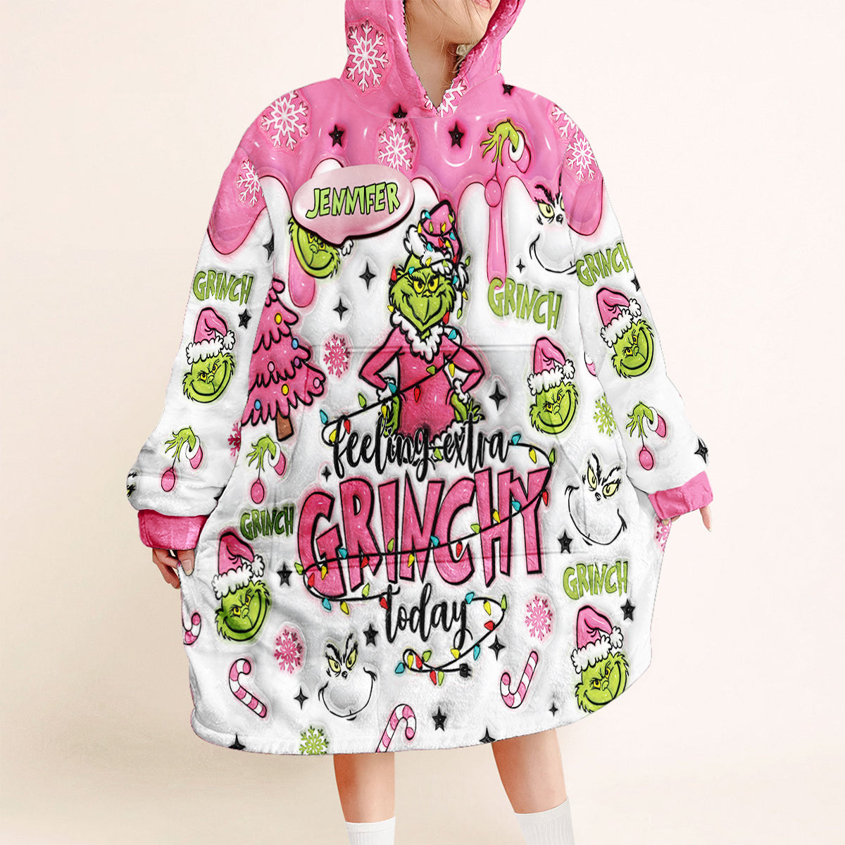 Personalized Grinchy Blanket Hoodie Custom Name Gift for Kids Blanket Hoodie GradoCreations