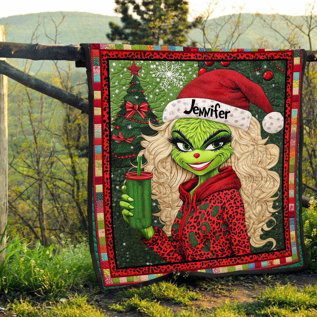 Personalized Christmas Quilt with Green Lady Design for Unique Gifts Quilt GradoCreations