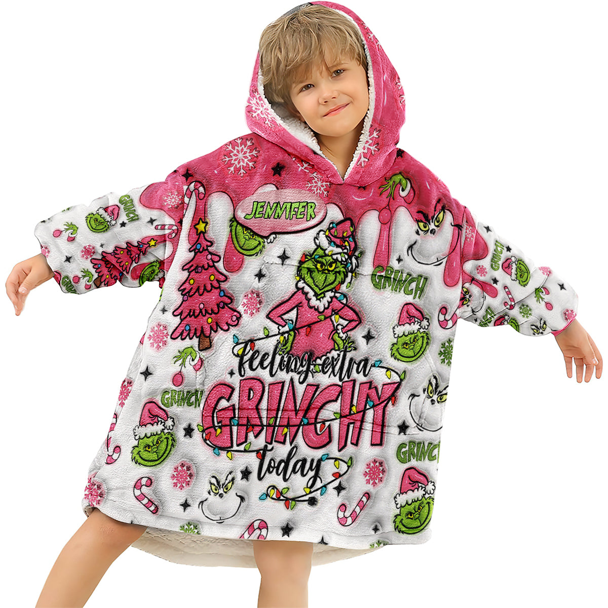 Personalized Grinchy Blanket Hoodie Custom Name Gift for Kids Blanket Hoodie GradoCreations