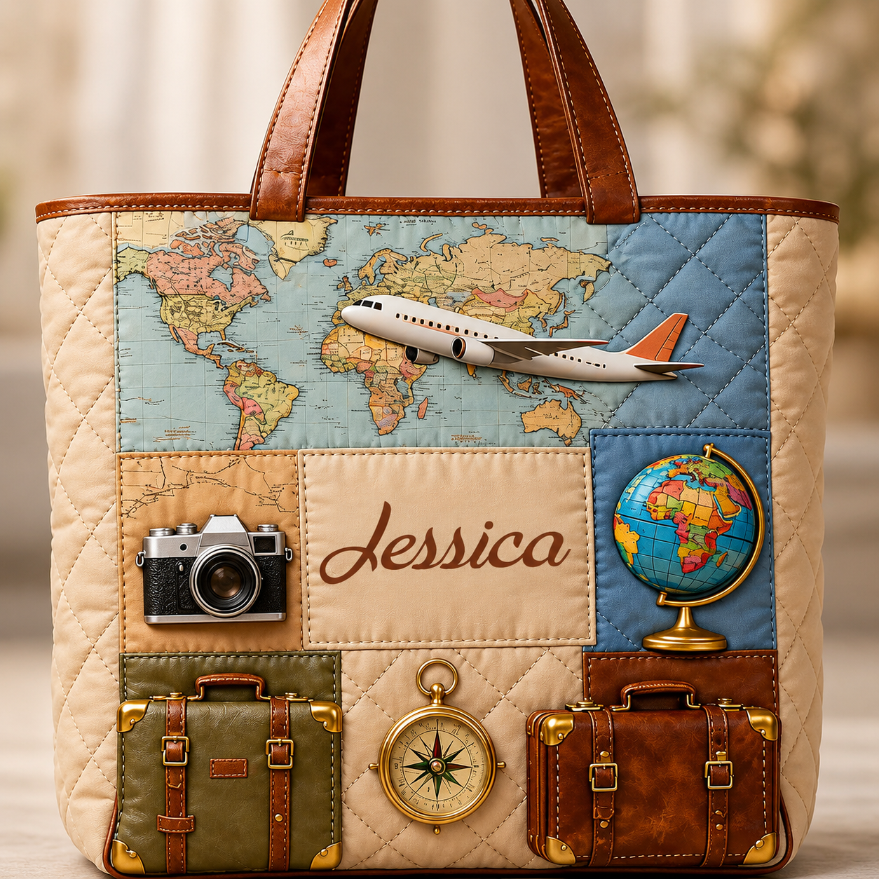 Personalized Quilted Tote Bag Travel Map and Airplane Gift for Travelers