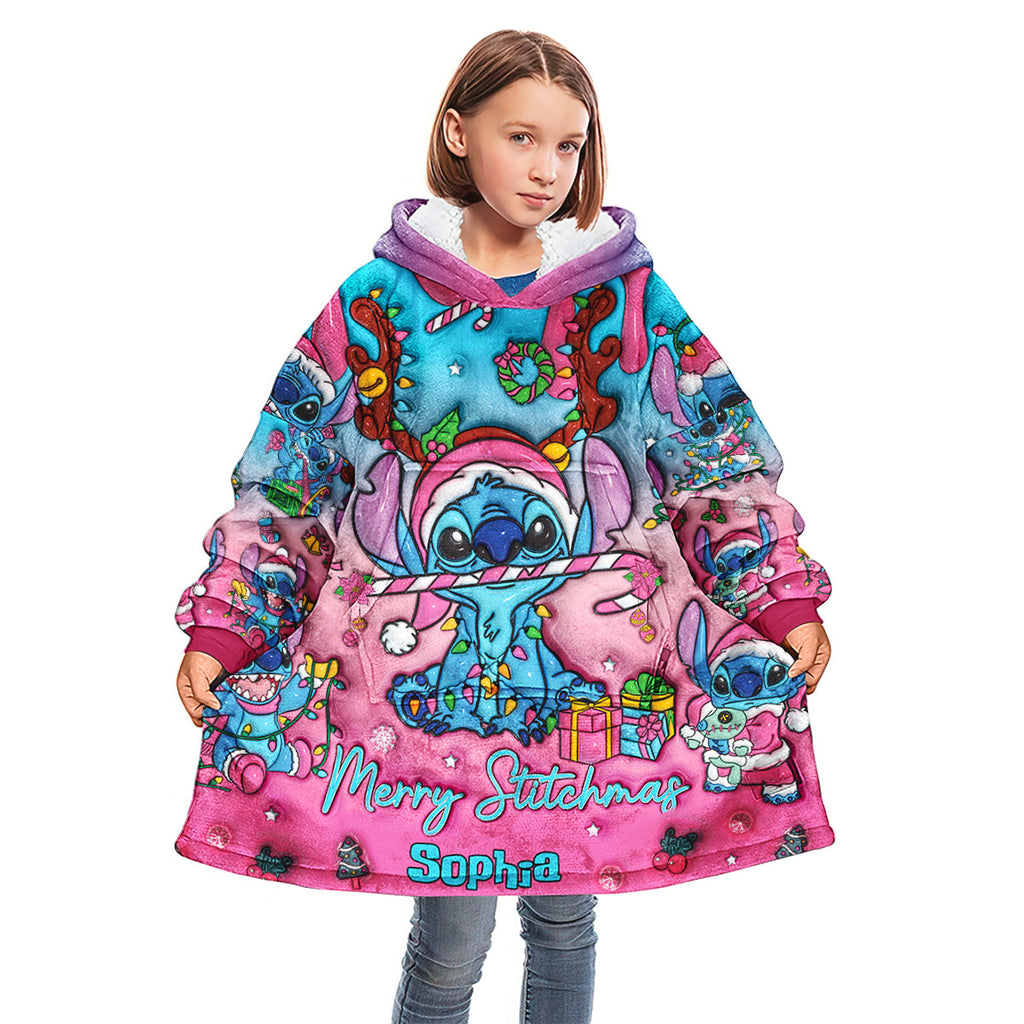Personalized Merry Stitchmas Blanket Hoodie for Kids | Christmas Gift Blanket Hoodie GradoCreations