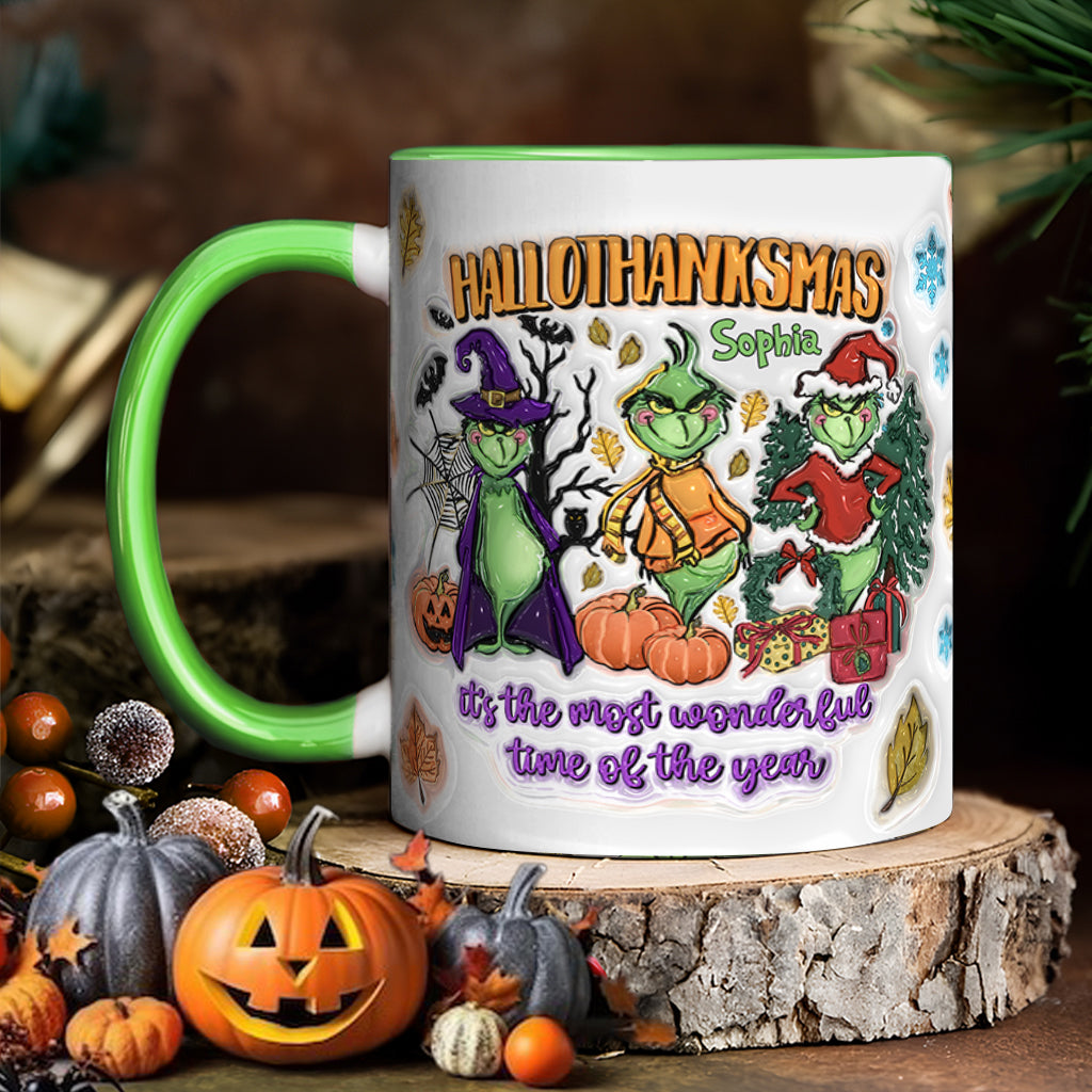 Personalized Hallothanksmas Accent Mug Custom Name Gift for Christmas Accent Mug GradoCreations