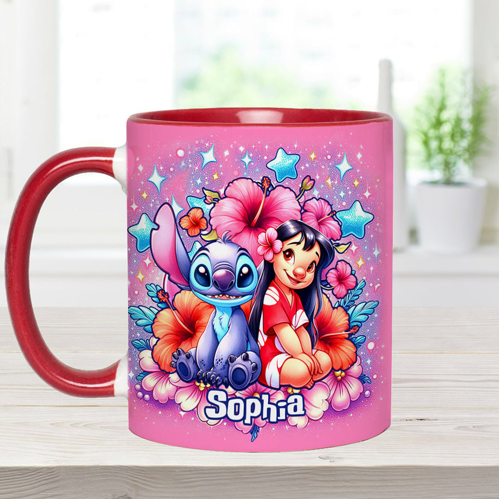 Personalized Pink Accent Mug with Ohana Bubble Flowers Design Accent Mug GradoCreations