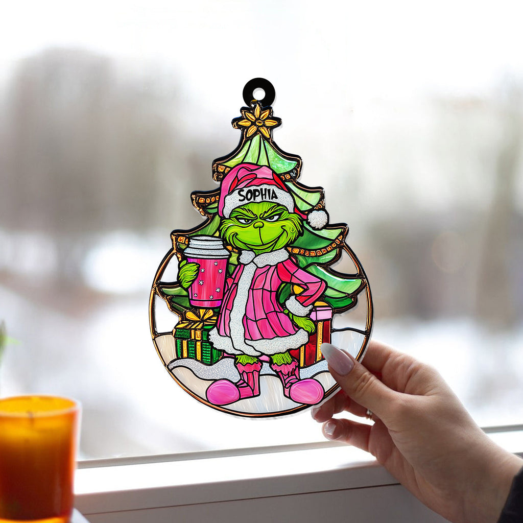 Personalized Grinchy Green Santa Suncatcher Ornament Gift Window Hanging Suncatcher Ornament GradoCreations