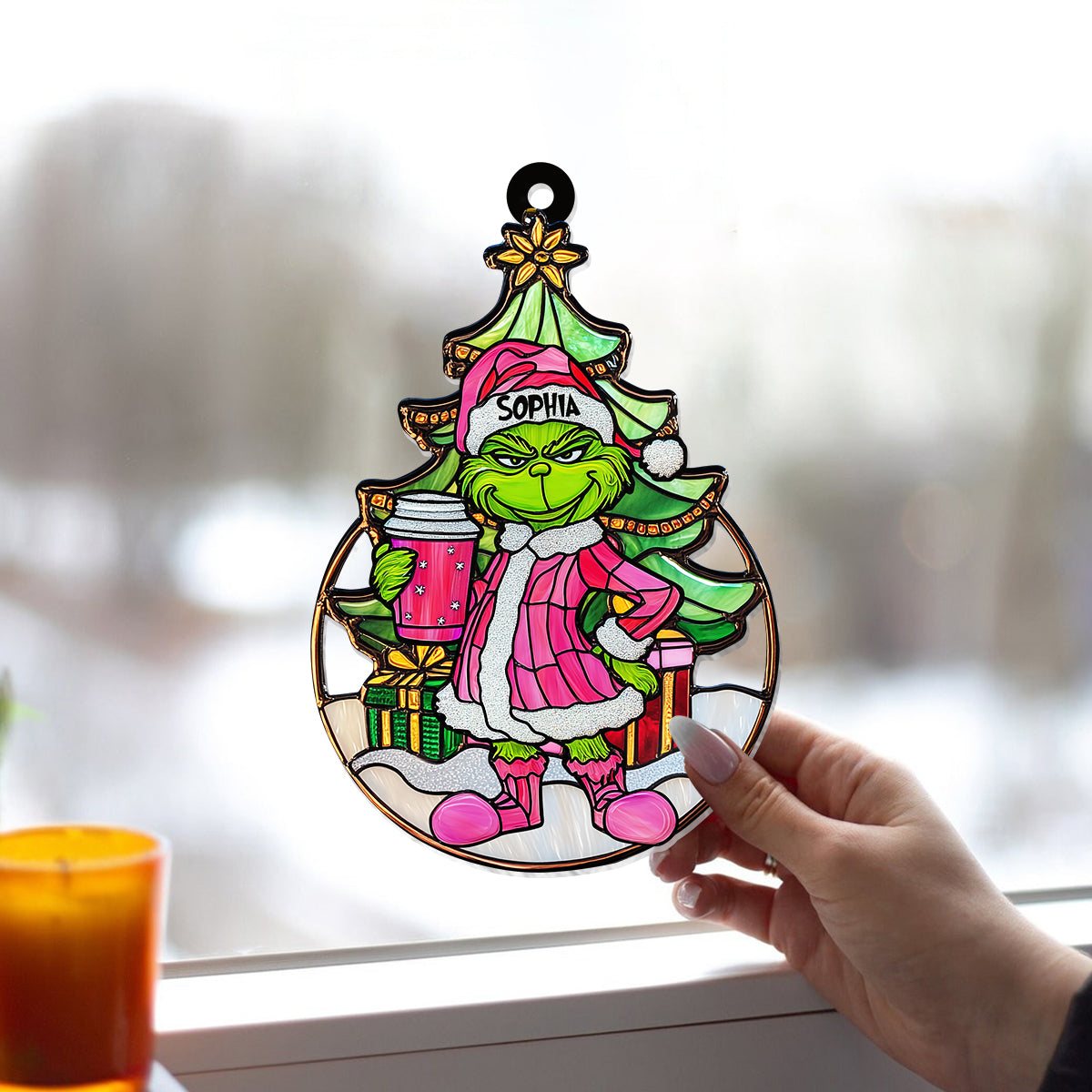Personalized Grinchy Green Santa Suncatcher Ornament Gift Window Hanging Suncatcher Ornament GradoCreations