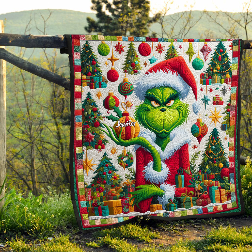 Personalized Grinch Christmas Quilt Custom Name Holiday Decor Quilt GradoCreations
