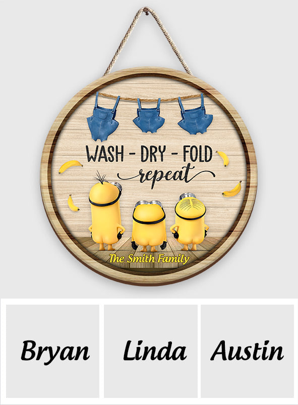 Personalized Round Wood Sign Wash Dry Fold Design Gift for Family Round Wood Sign GradoCreations