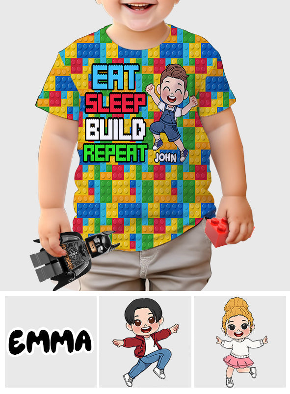 Personalized Fun Kids All Over Shirt with Name – Eat Sleep Build Repeat All Over Shirt GradoCreations