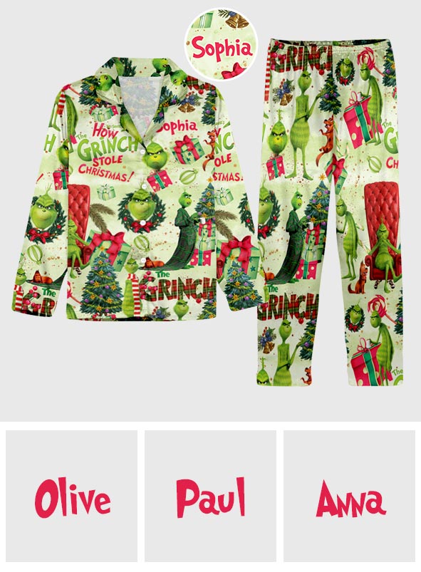 Personalized Grinch Christmas Button Down Pajamas for Couples Button Down Pajamas GradoCreations