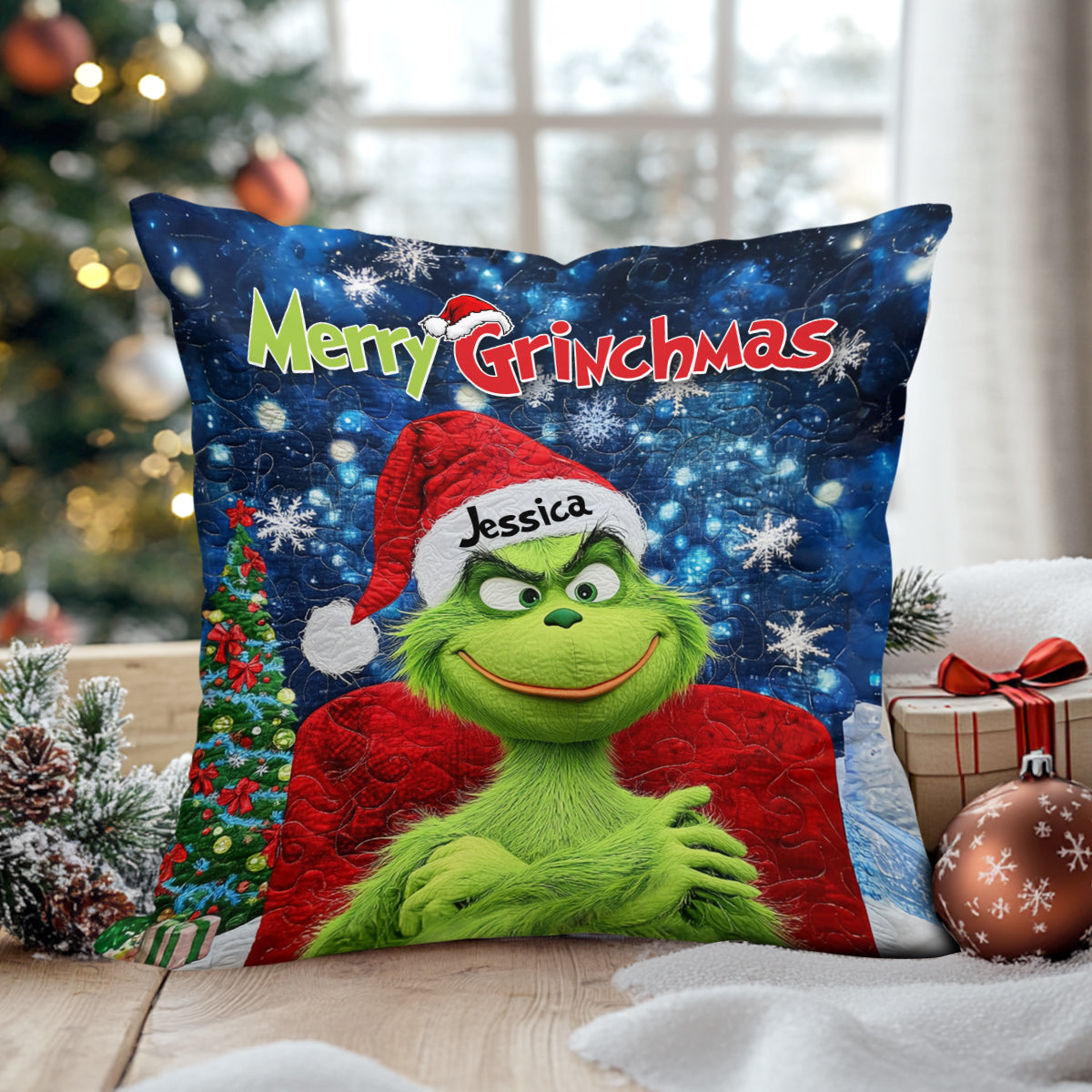 Personalized Merry Grinchmas Throw Pillow Custom Gift for Christmas Throw Pillow GradoCreations