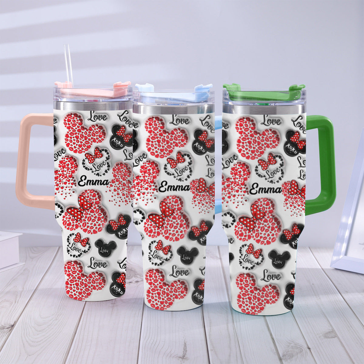 Personalized Mouse Heart Tumbler with Handle for Moms | Unique Christmas Gift Tumbler With Handle GradoCreations
