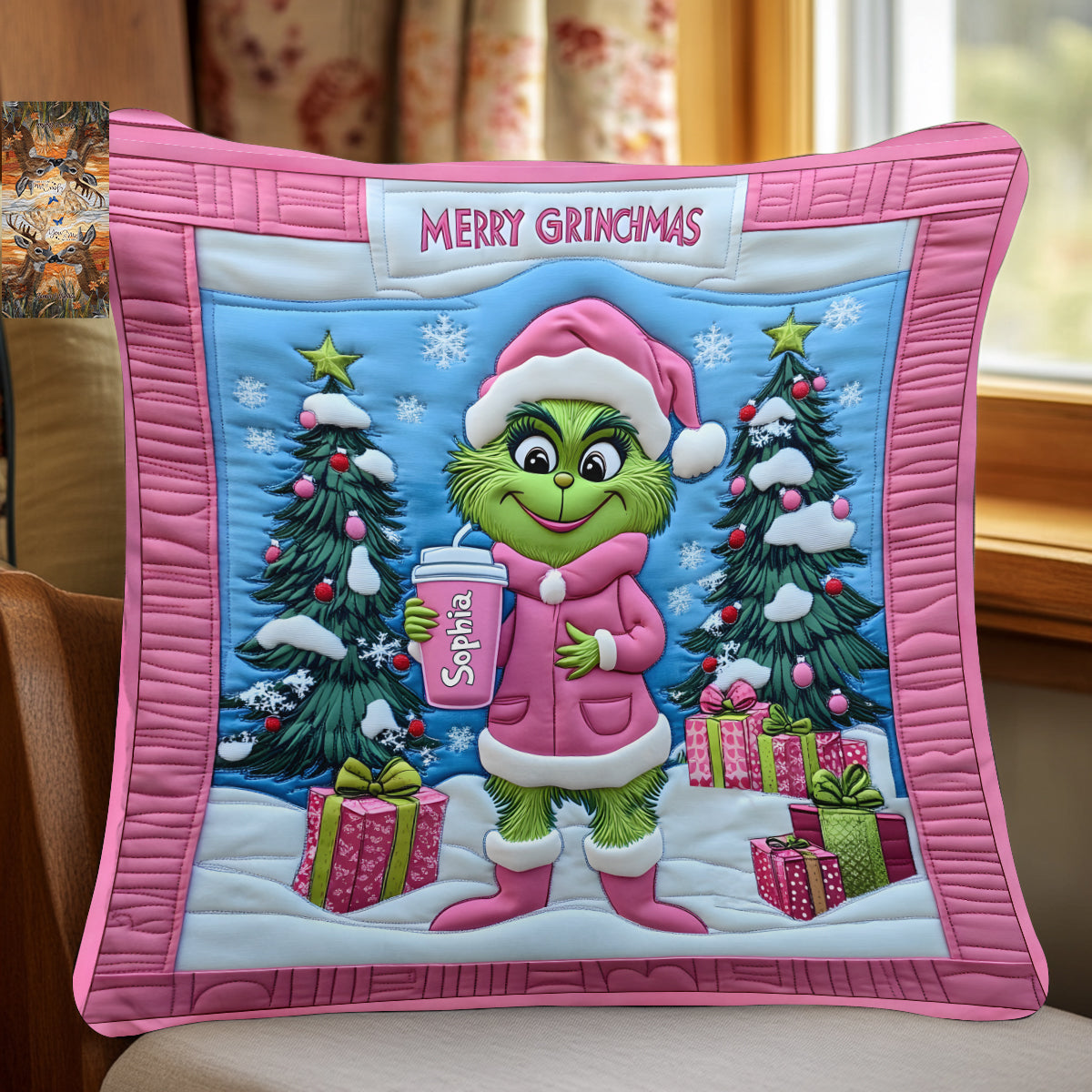 Personalized Grinch Christmas Throw Pillow Custom Name Gift Throw Pillow GradoCreations