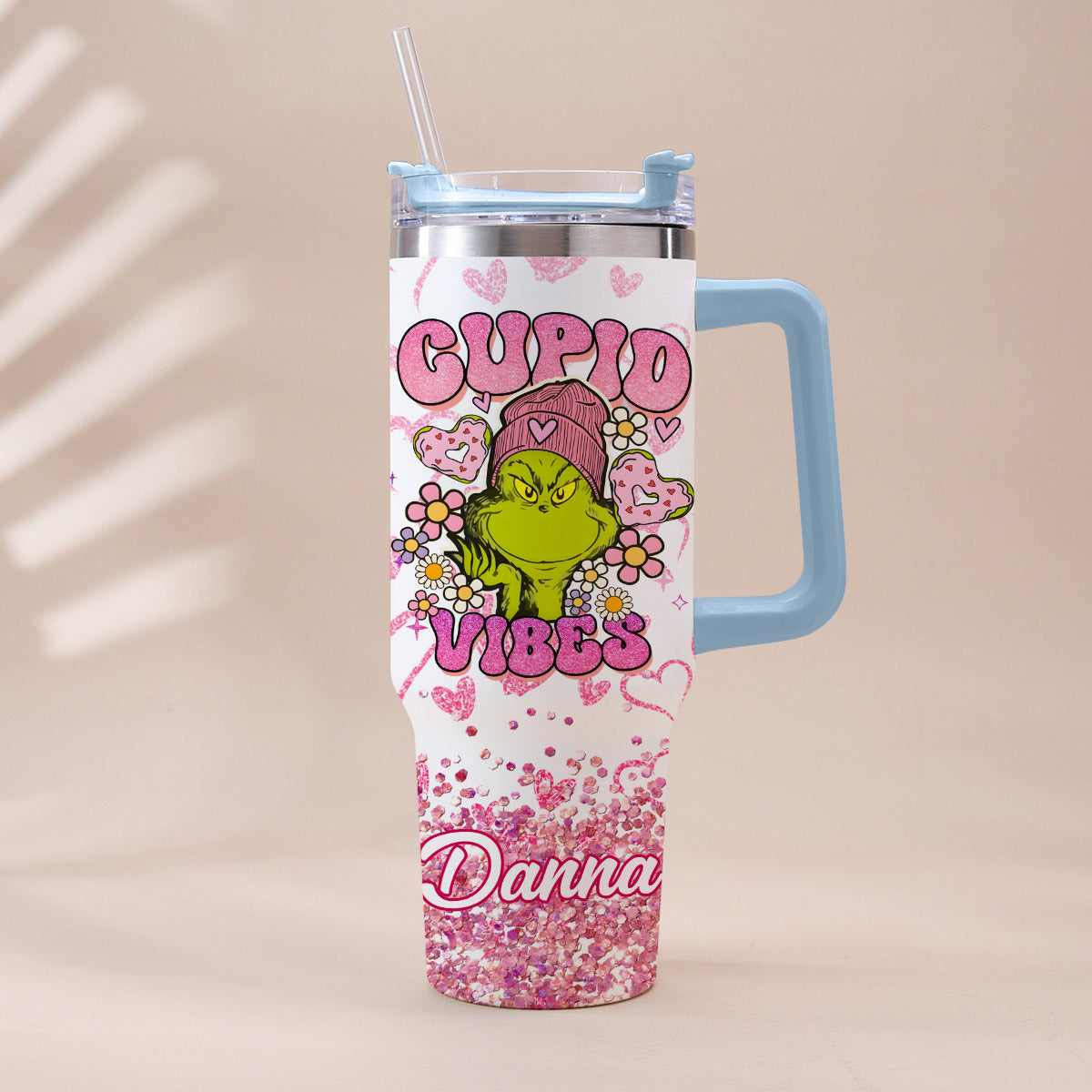 Personalized Cupid Vibes Tumbler with Handle for Christmas Gift Tumbler With Handle GradoCreations