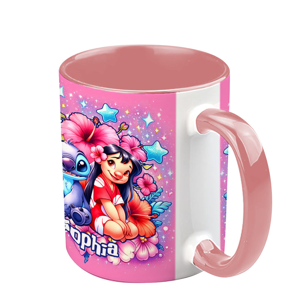Personalized Pink Accent Mug with Ohana Bubble Flowers Design Accent Mug GradoCreations