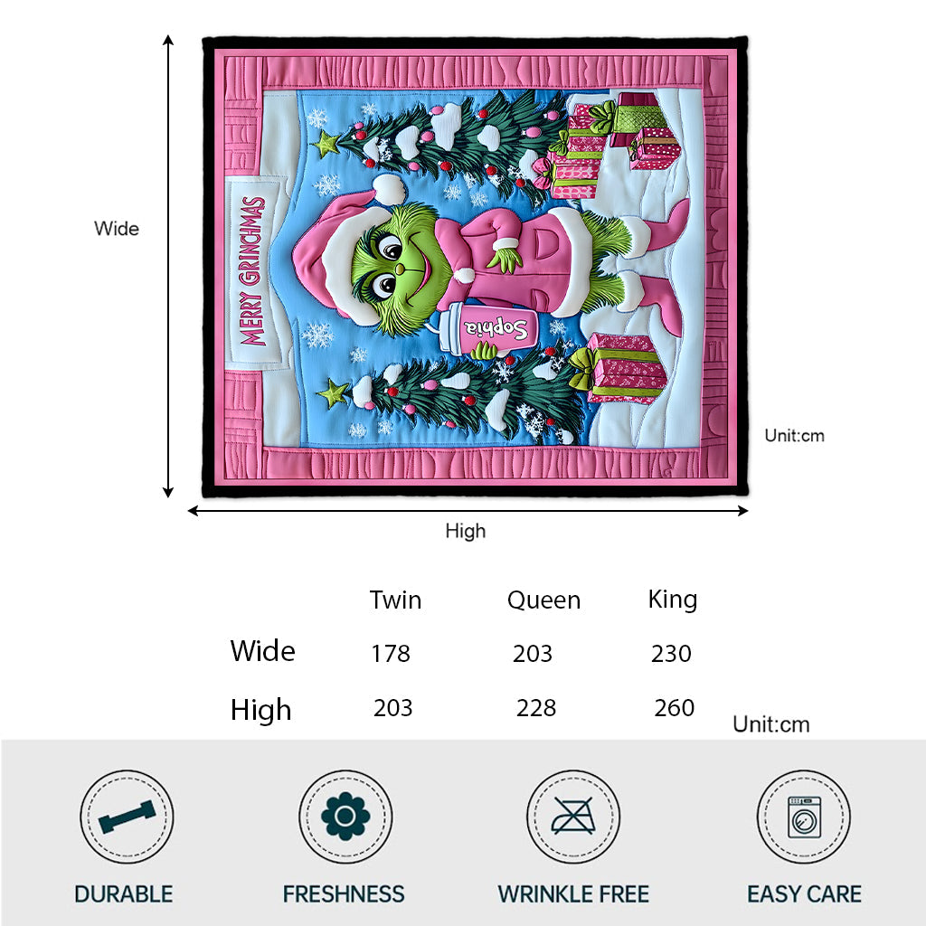 Personalized Grinch Christmas Quilt Custom Name Gift for Kids Quilt GradoCreations