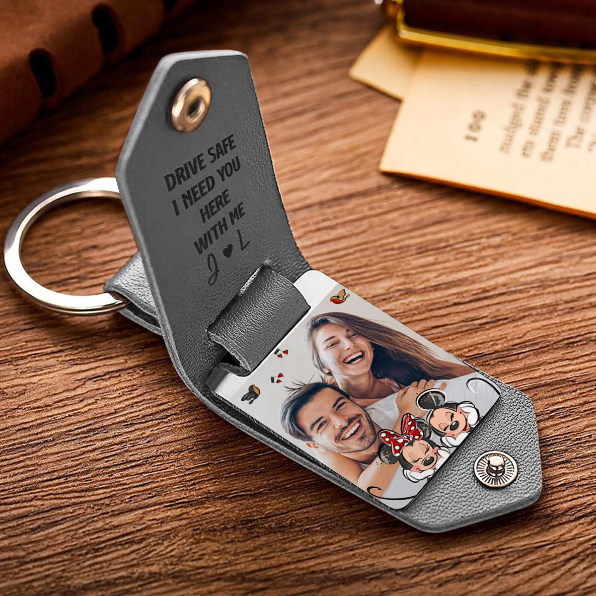 Personalized Leather Photo Keychain Couple Gift with Custom Message Leather Photo Keychain GradoCreations