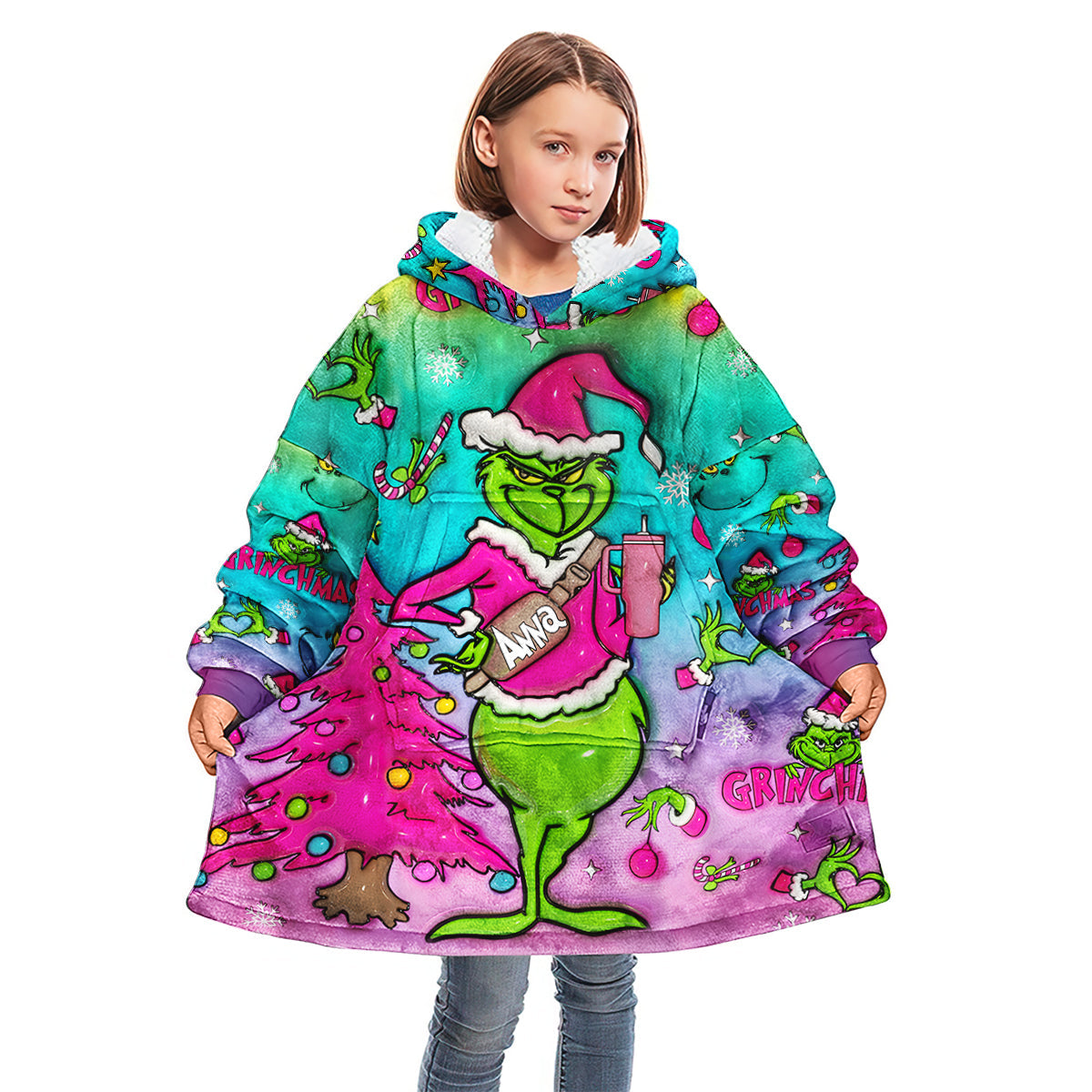 Personalized Grinch Christmas Blanket Hoodie Gift for Kids Blanket Hoodie GradoCreations