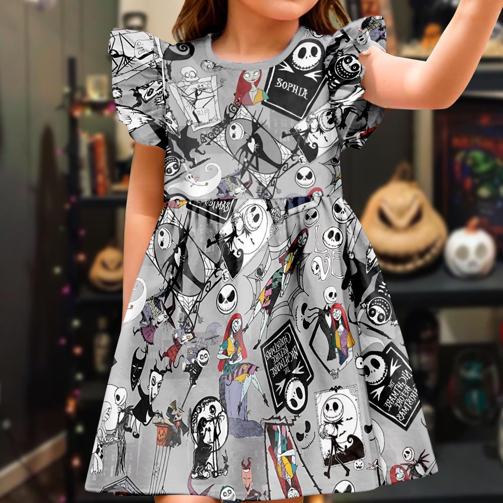 Personalized Nightmare Kids Ruffle Sleeve Dress for Halloween Kid Ruffle Sleeve Dress GradoCreations