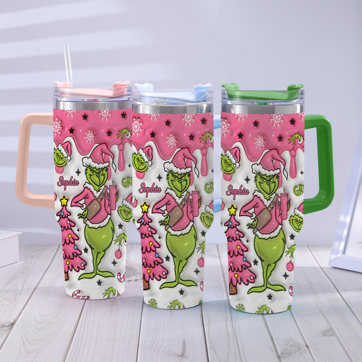 Personalized Grinch Christmas Tumbler with Handle Custom Name Gift Tumbler With Handle GradoCreations