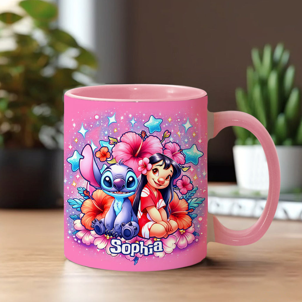 Personalized Pink Accent Mug with Ohana Bubble Flowers Design Accent Mug GradoCreations