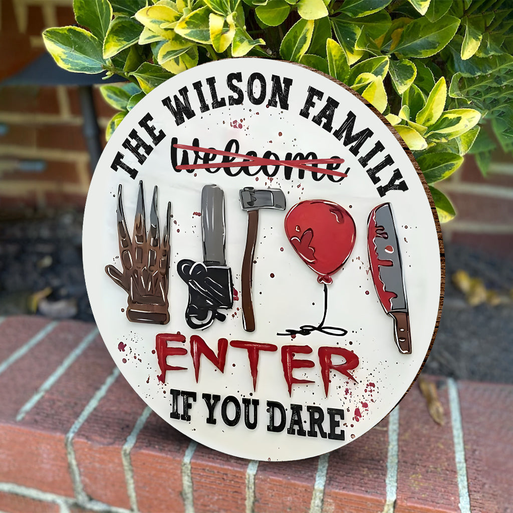 Personalized Halloween Round Wood Sign Custom Family Name Enter If You Dare Round Wood Sign GradoCreations