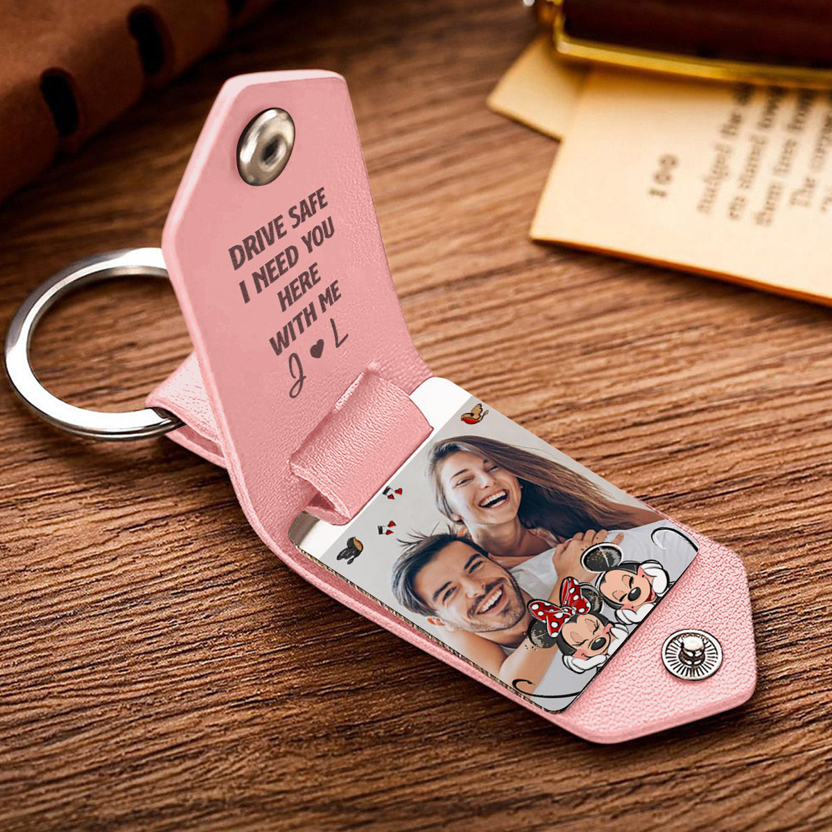 Personalized Leather Photo Keychain Couple Gift with Custom Message Leather Photo Keychain GradoCreations