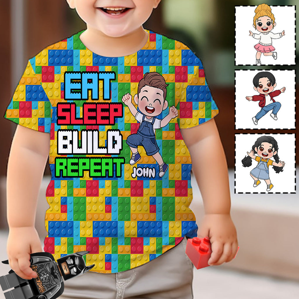 Personalized Fun Kids All Over Shirt with Name – Eat Sleep Build Repeat All Over Shirt GradoCreations