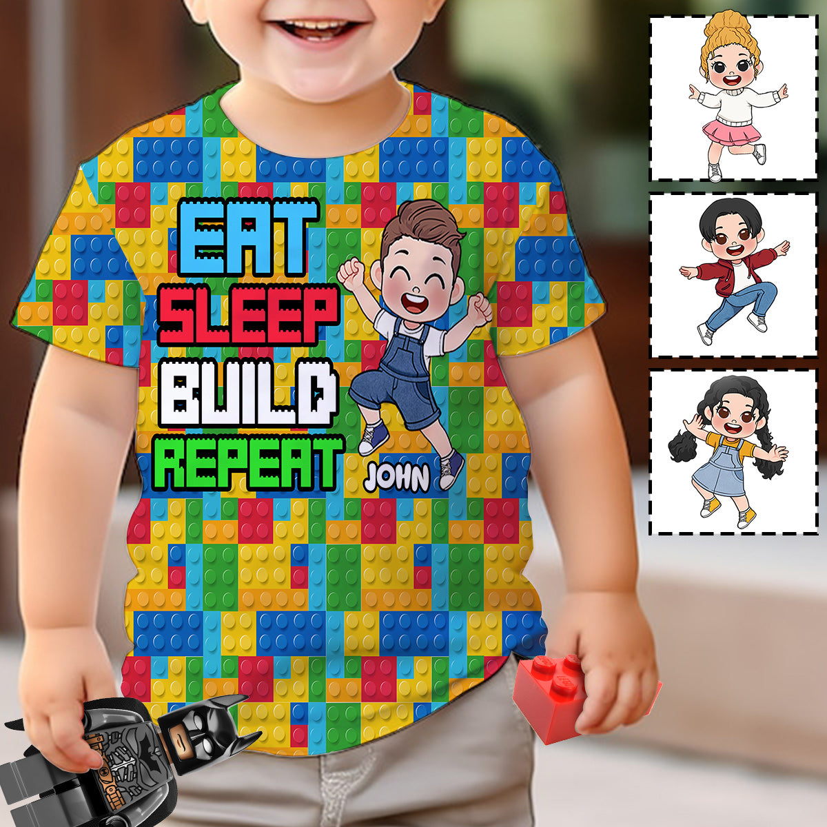 Personalized Fun Kids All Over Shirt with Name – Eat Sleep Build Repeat All Over Shirt GradoCreations