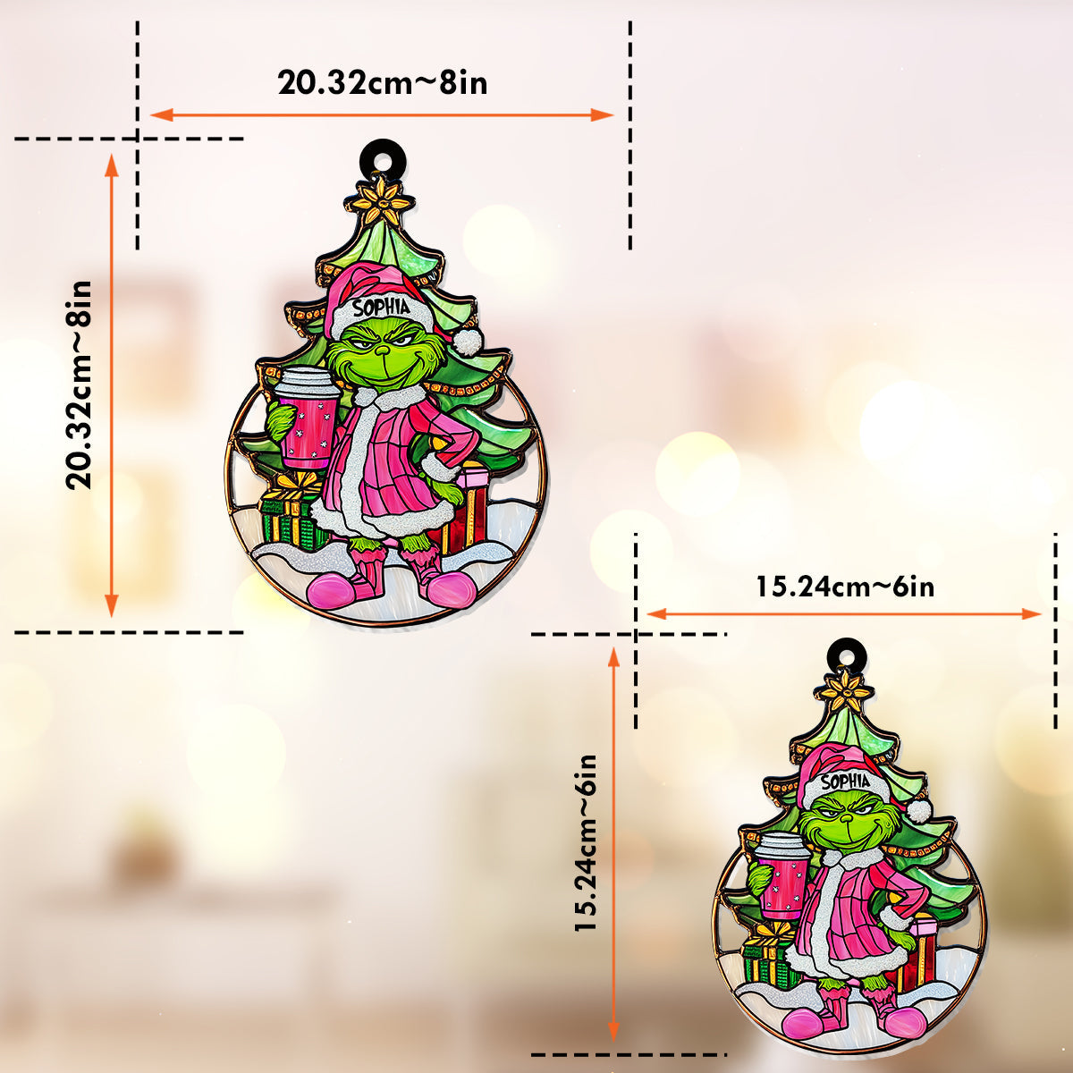 Personalized Grinchy Green Santa Suncatcher Ornament Gift Window Hanging Suncatcher Ornament GradoCreations
