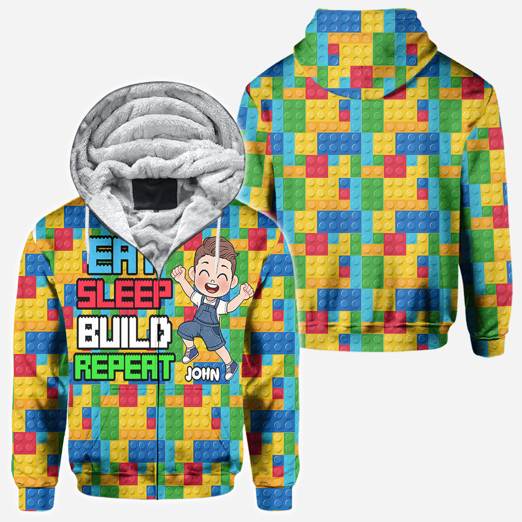 Personalized Fun Kids All Over Shirt with Name – Eat Sleep Build Repeat All Over Shirt GradoCreations