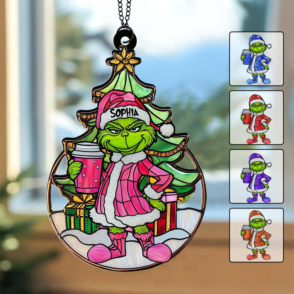 Personalized Grinchy Green Santa Suncatcher Ornament Gift Window Hanging Suncatcher Ornament GradoCreations