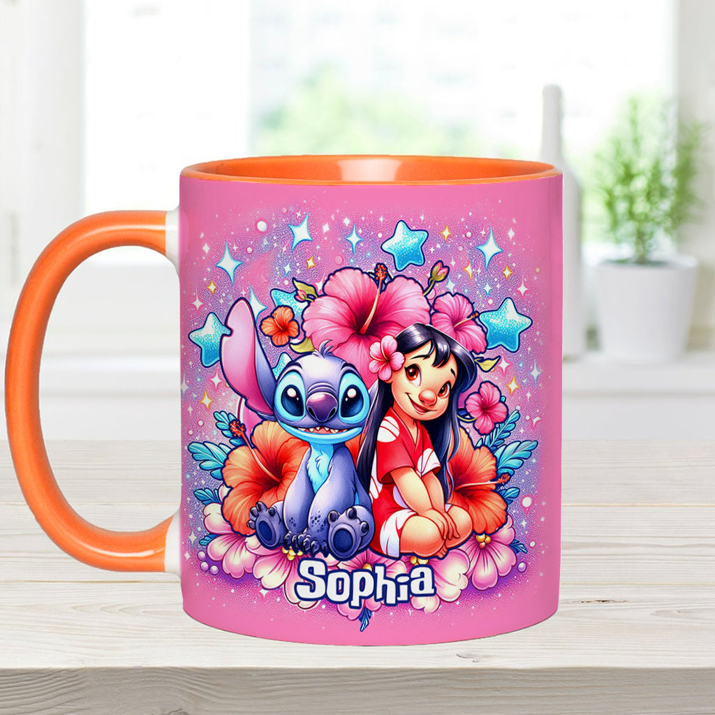 Personalized Pink Accent Mug with Ohana Bubble Flowers Design Accent Mug GradoCreations