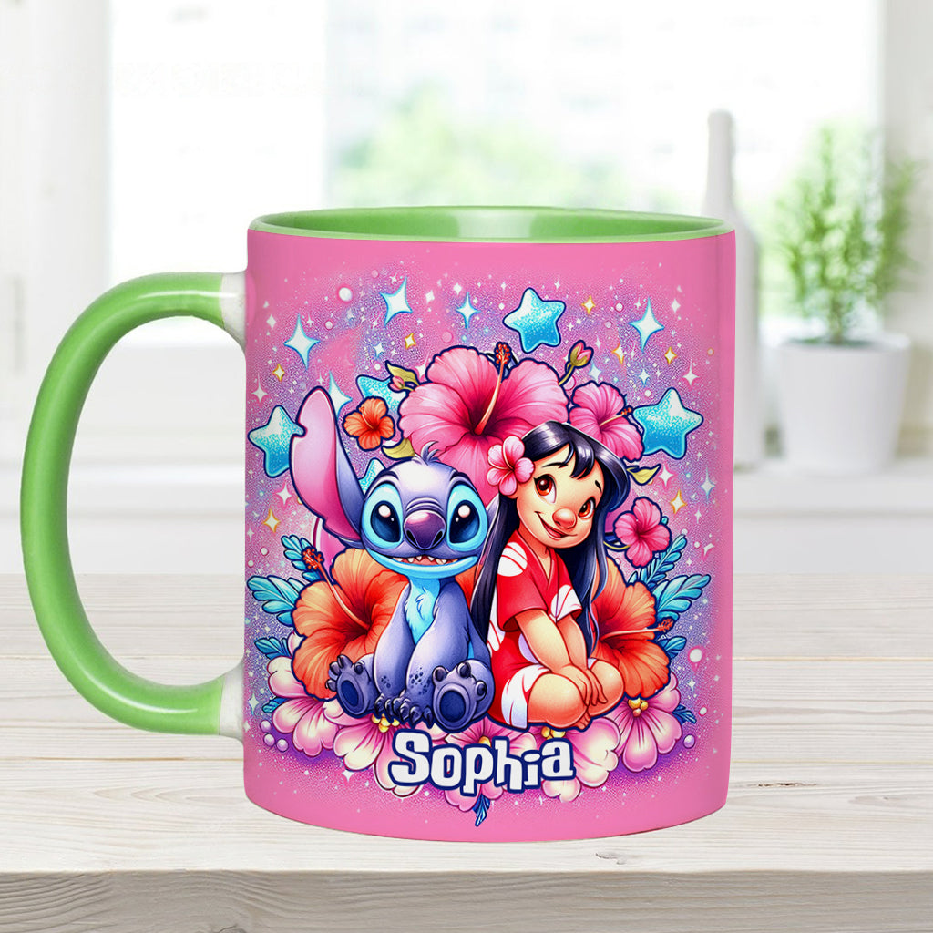 Personalized Pink Accent Mug with Ohana Bubble Flowers Design Accent Mug GradoCreations