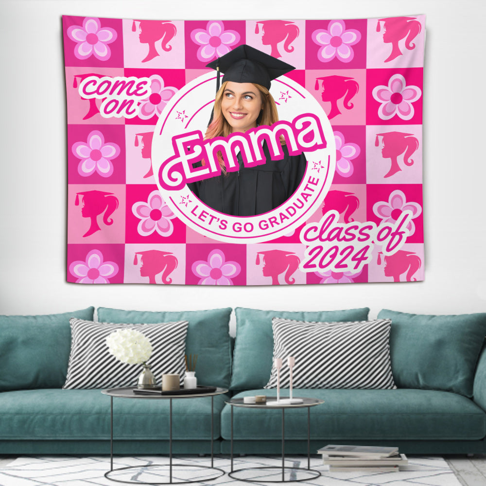 Personalized Pink Graduation Wall Tapestry with Custom Name and Photo for Girls Wall Tapestry GradoCreations