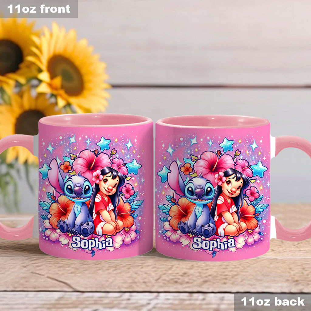 Personalized Pink Accent Mug with Ohana Bubble Flowers Design Accent Mug GradoCreations