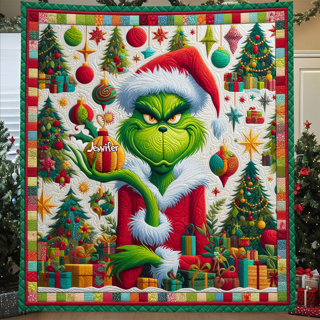 Personalized Grinch Christmas Quilt Custom Name Holiday Decor Quilt GradoCreations