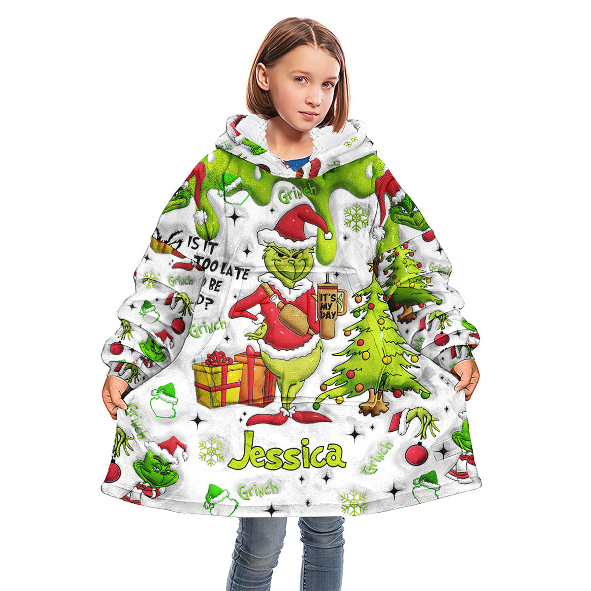 Personalized Grinchmas Blanket Hoodie Gift for Kids - Cozy Holiday Apparel Blanket Hoodie GradoCreations