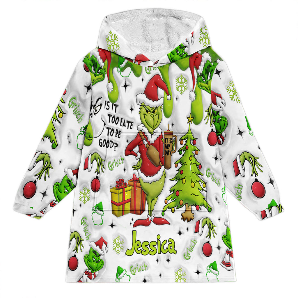 Personalized Grinchmas Blanket Hoodie Gift for Kids - Cozy Holiday Apparel Blanket Hoodie GradoCreations