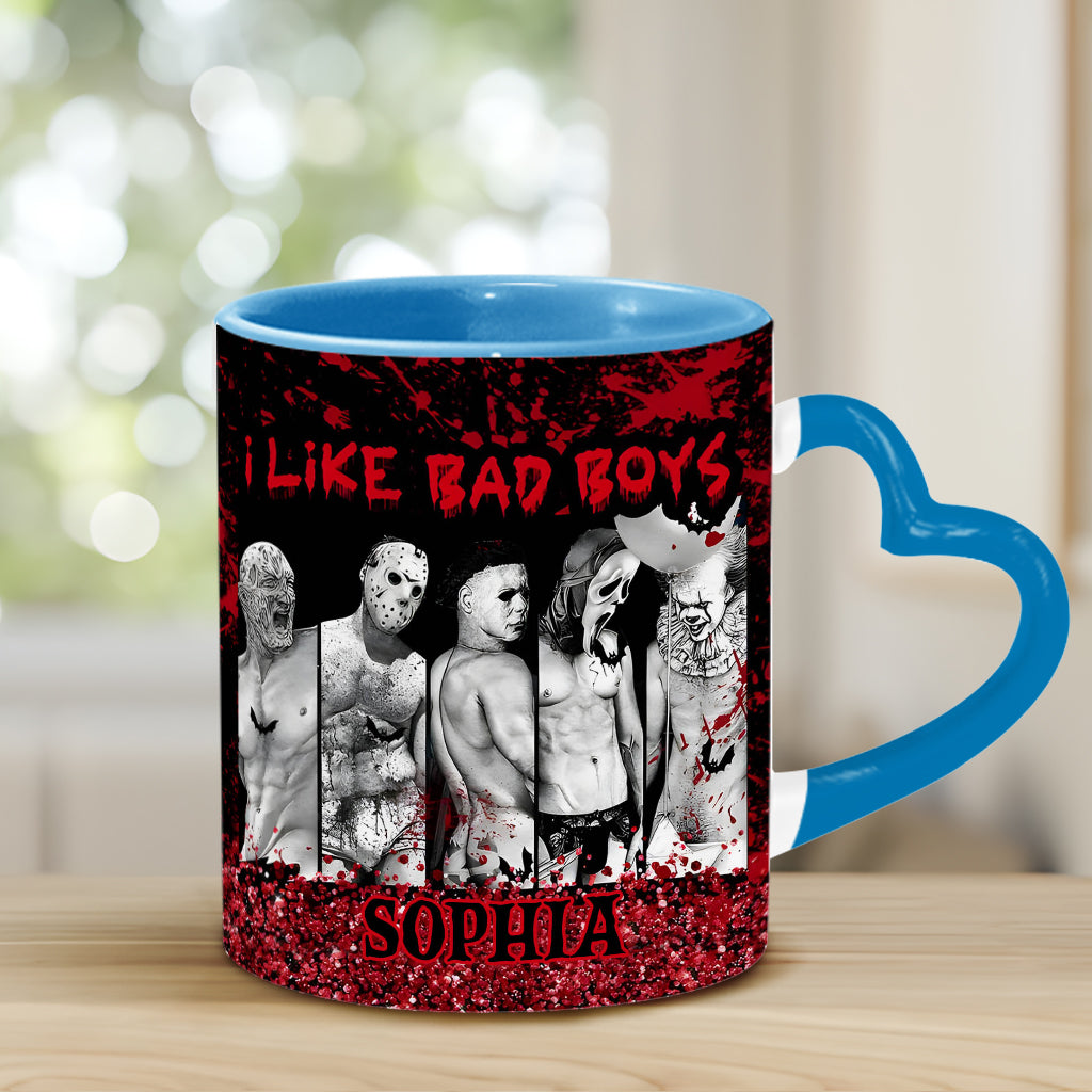Personalized Heart Handle Mug with 'I Like Bad Boys' Design for Friends Heart Handle Mug GradoCreations