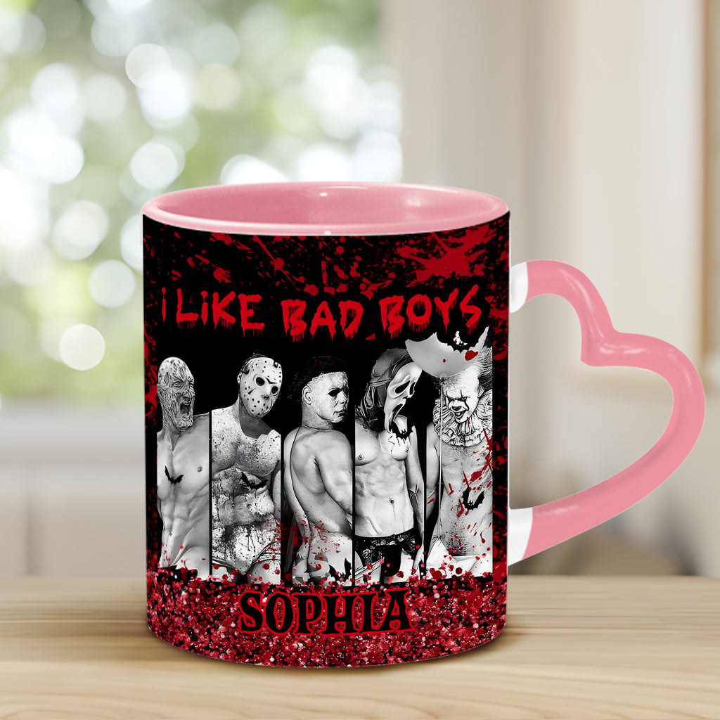 Personalized Heart Handle Mug with 'I Like Bad Boys' Design for Friends Heart Handle Mug GradoCreations