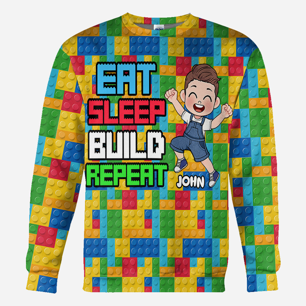 Personalized Fun Kids All Over Shirt with Name – Eat Sleep Build Repeat All Over Shirt GradoCreations