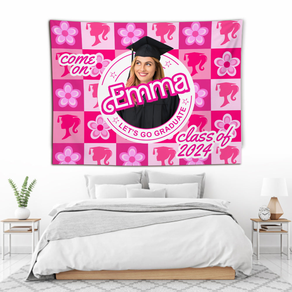 Personalized Pink Graduation Wall Tapestry with Custom Name and Photo for Girls Wall Tapestry GradoCreations