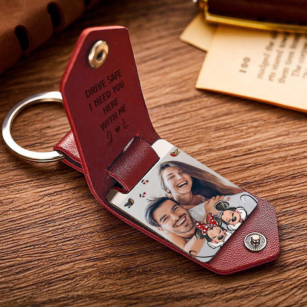 Personalized Leather Photo Keychain Couple Gift with Custom Message Leather Photo Keychain GradoCreations